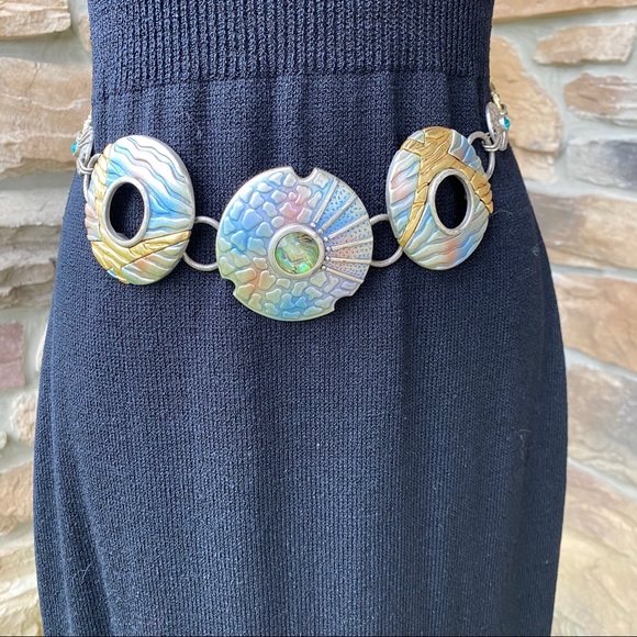 Chico's Retro Chain Belt Abstract Colorful Ocean Statement Belt - Picture 1 of 7